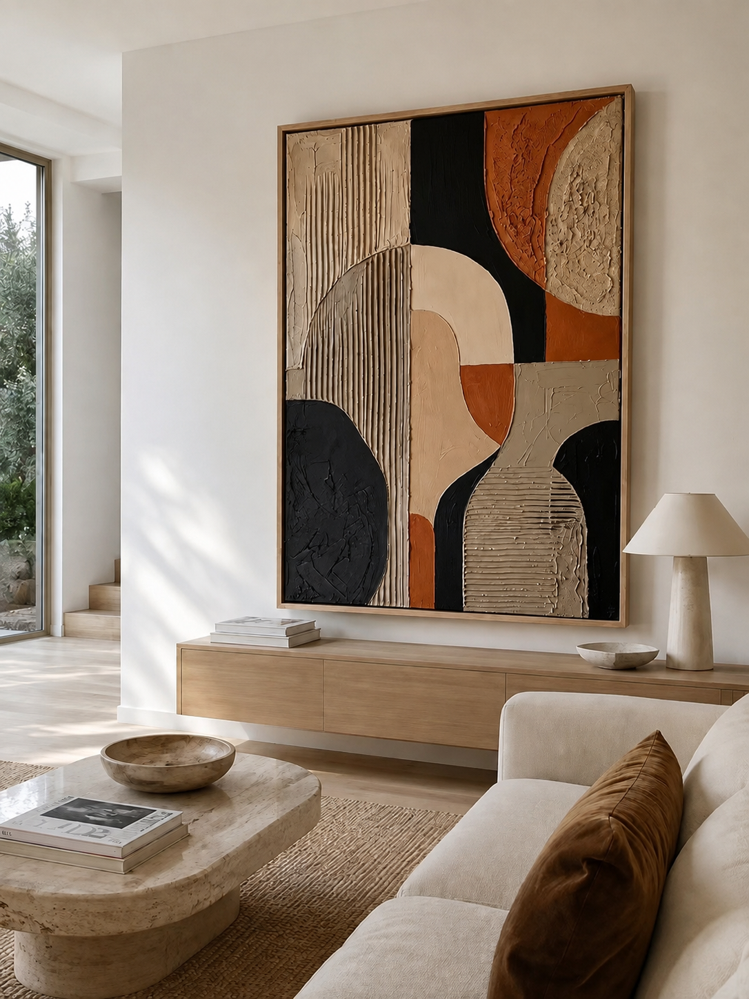 Terracotta geometric abstract painting displayed above a neutral sofa in a mid-century modern living room