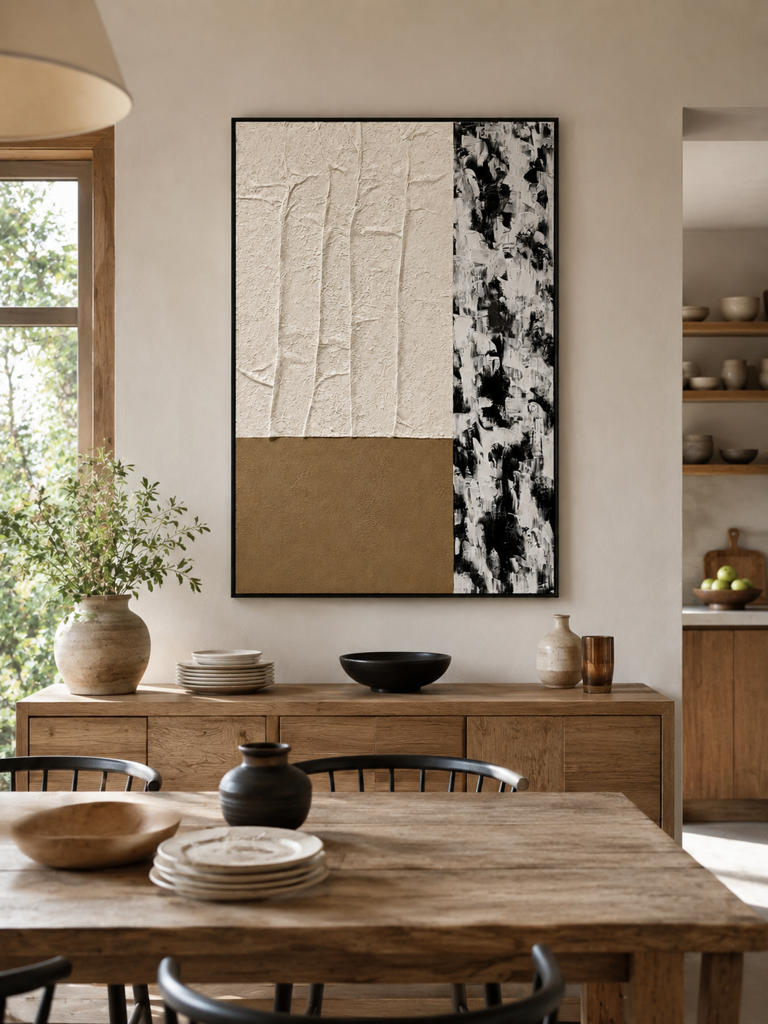 Hand-painted textured color block wall art displayed in a modern open-plan dining room with natural wood decor