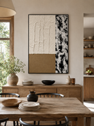 Hand-painted textured color block wall art displayed in a modern open-plan dining room with natural wood decor