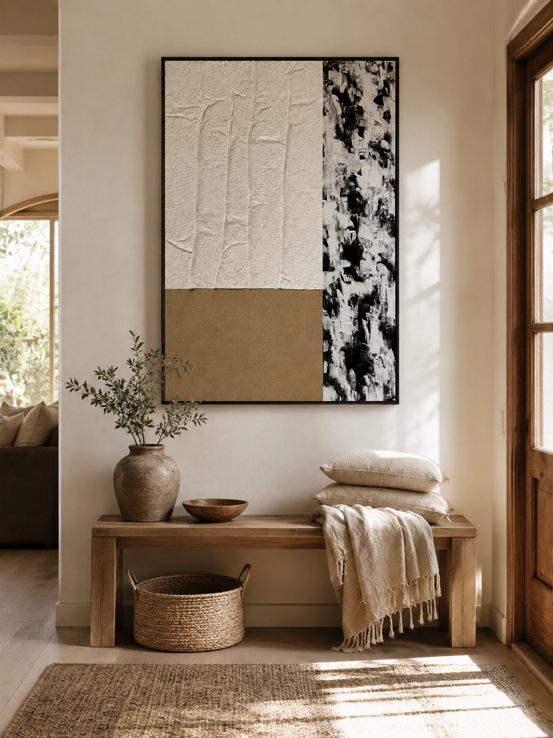 Minimalist black and beige abstract painting displayed above a wood console in an organic modern entryway