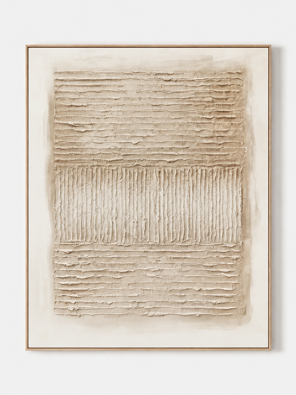 Hand-painted neutral textured abstract wall art in warm ivory and beige by Eliot Vermeer on a white background