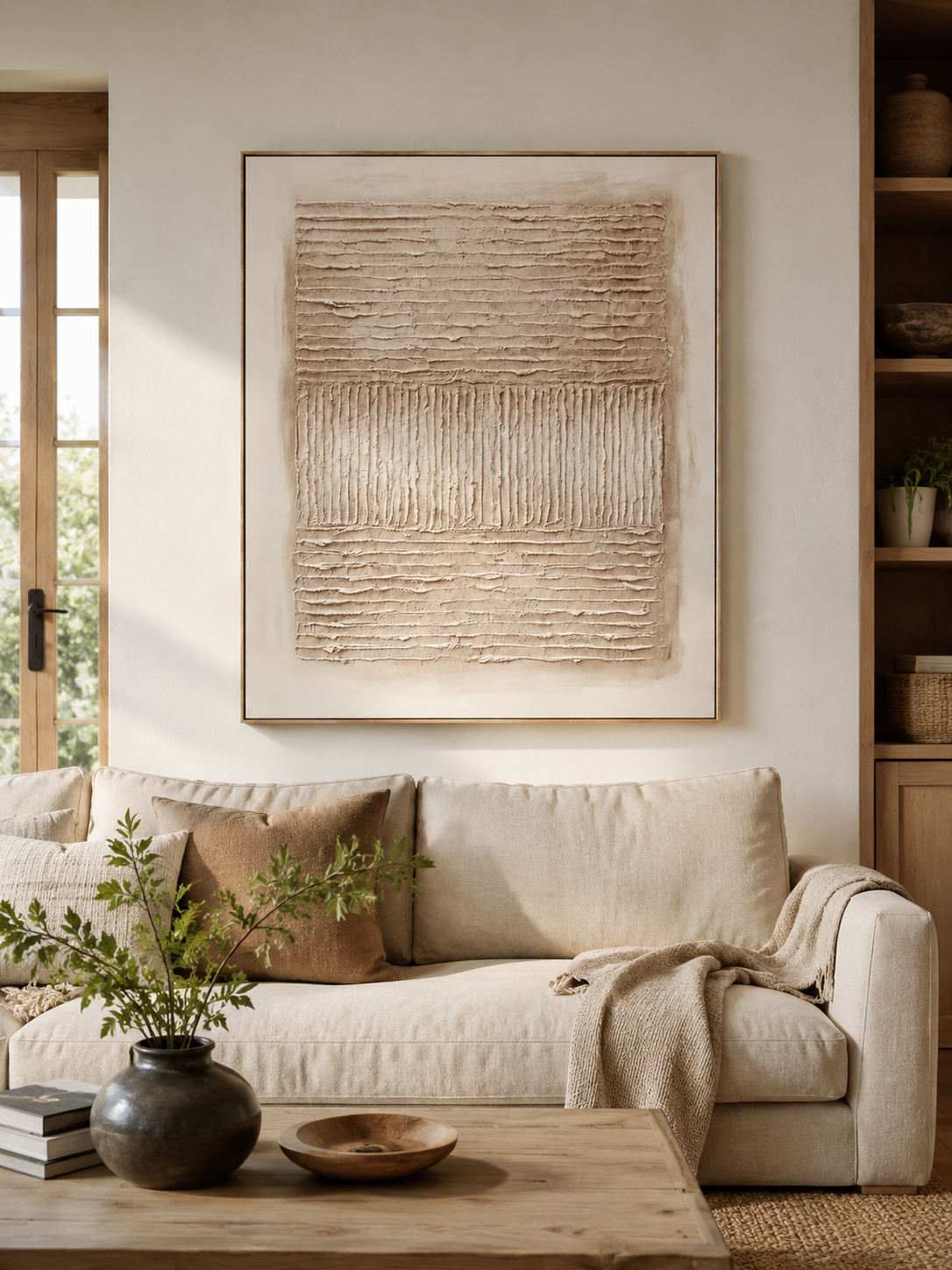 Neutral textured abstract painting displayed above a beige sofa in an organic modern living room