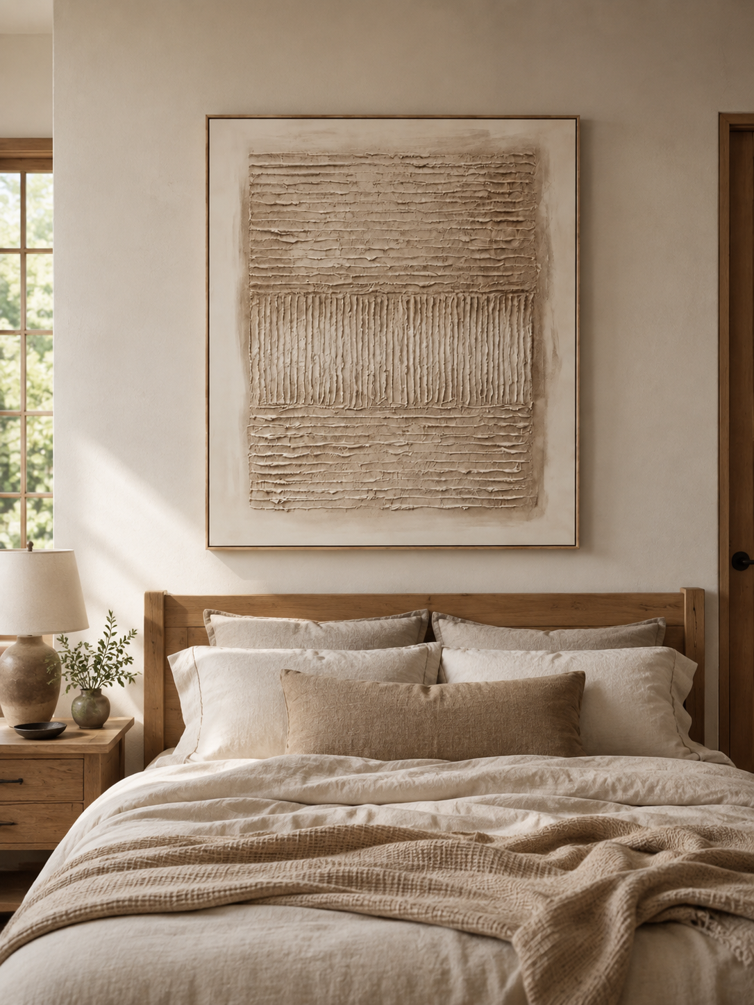 Ivory and beige textured wall art displayed above the bed in a calm minimalist bedroom