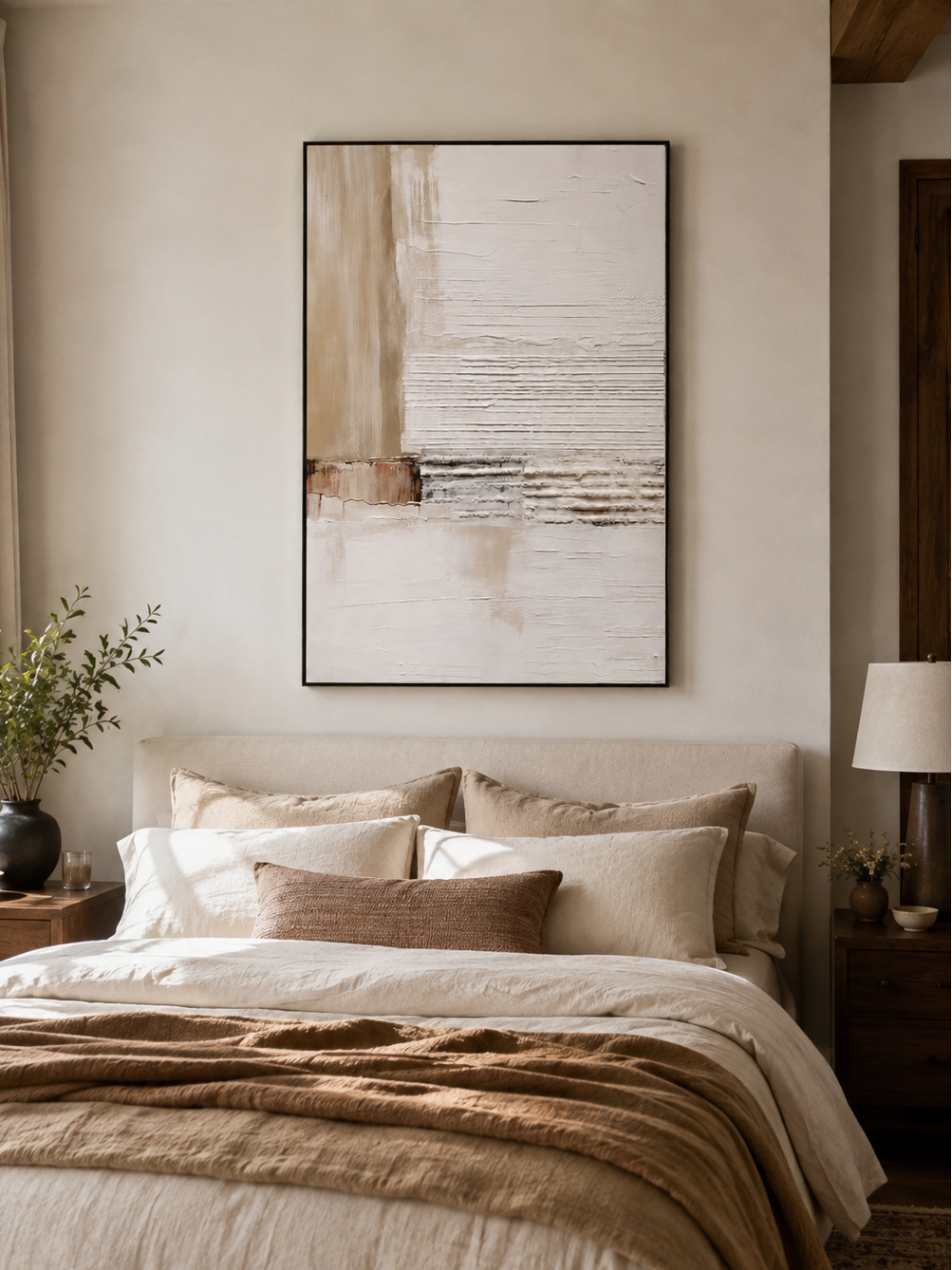 Ivory and beige textured wall art displayed above the bed in a calm minimalist bedroom