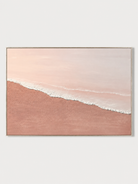 Hand-painted pink beach wall art with blush sand and textured white ocean waves by Leo Liang on a white background