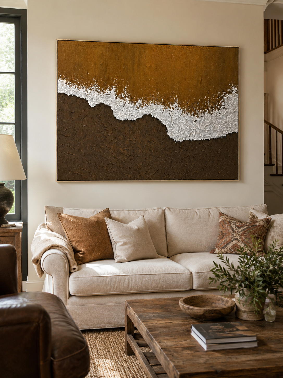 Brown and white textured ocean wave painting displayed above a cream sofa in an organic modern living room