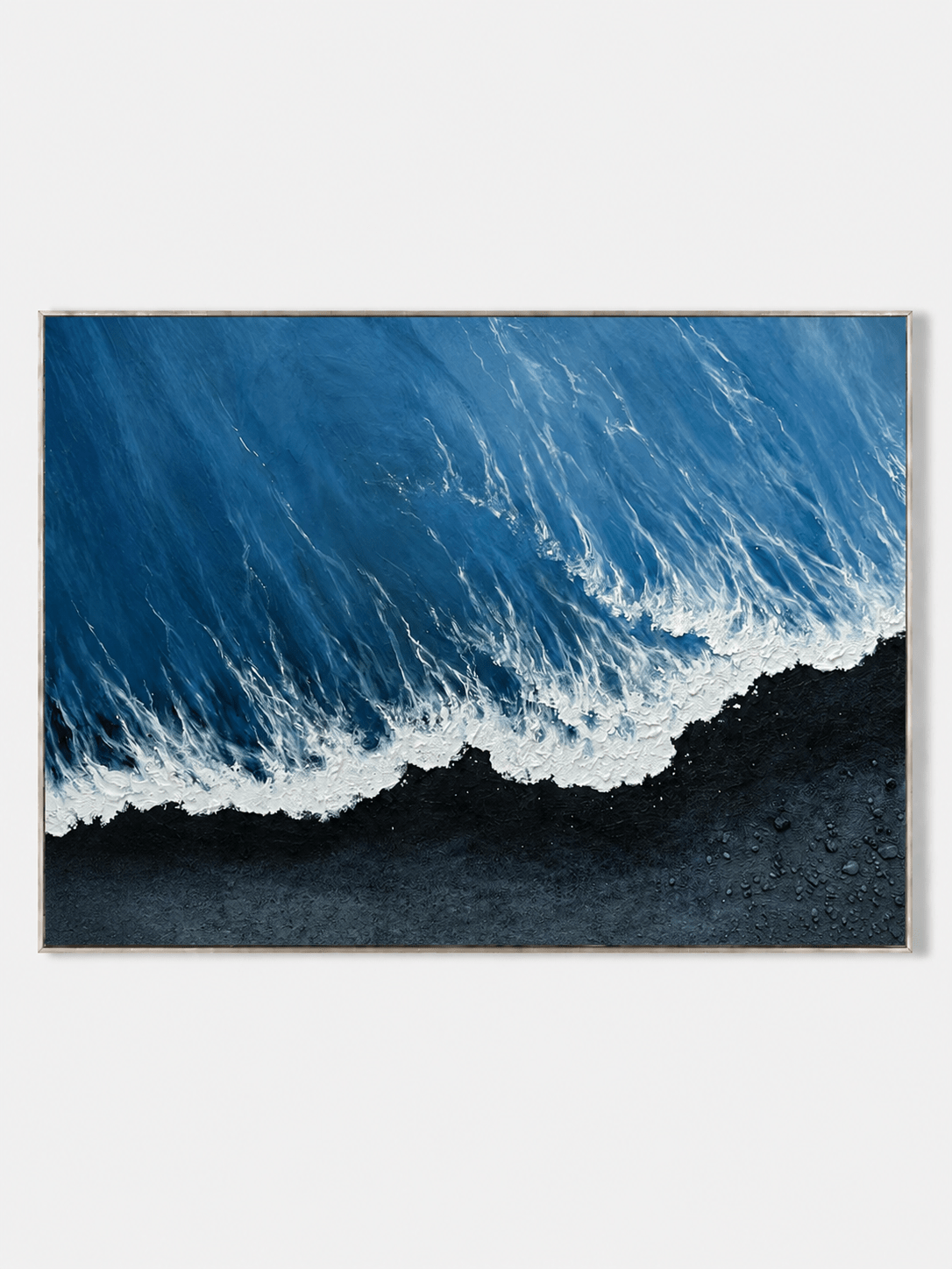 Hand-painted black sand ocean wave wall art with deep blue water and textured white foam by Leo Liang