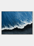 Hand-painted black sand ocean wave wall art with deep blue water and textured white foam by Leo Liang
