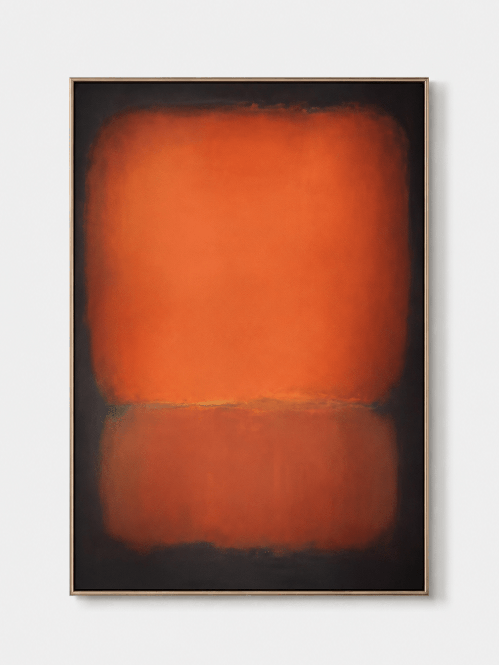 Hand-painted burnt orange color field wall art with deep charcoal background by Akari Kobayashi on white