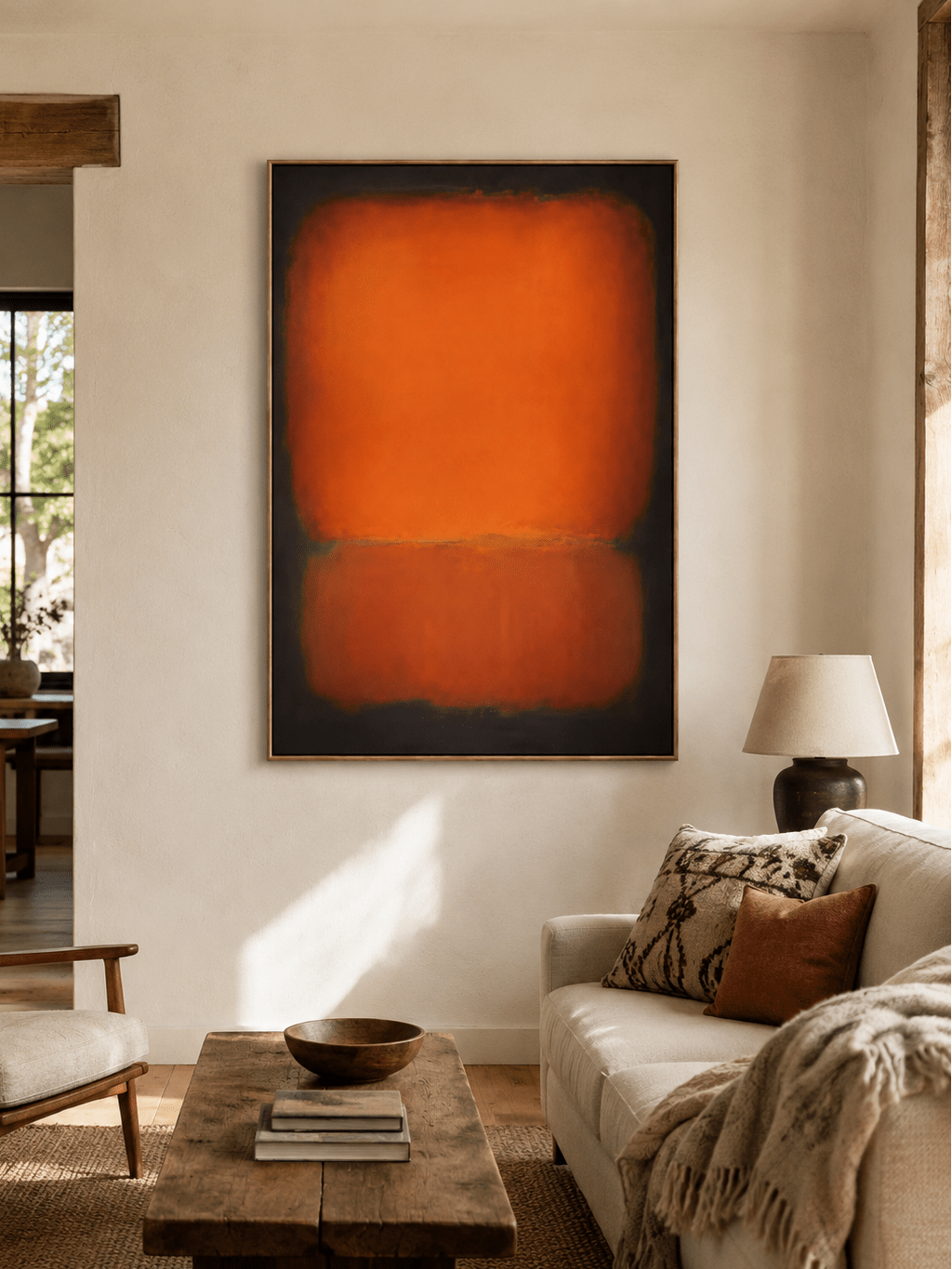 Burnt orange abstract painting displayed above a neutral sofa in a contemporary living room