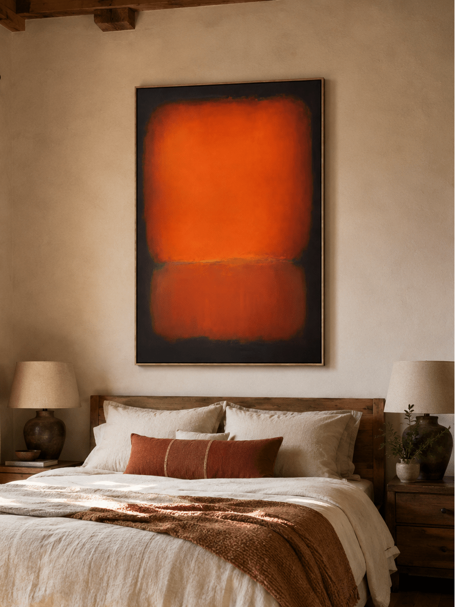 Orange and black minimalist wall art displayed above the bed in a warm modern bedroom