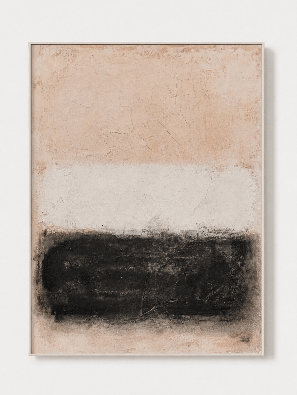 Hand-painted beige and black abstract wall art with weathered neutral texture by Akari Kobayashi on white