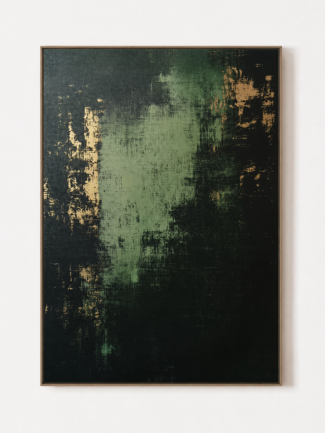 Hand-painted dark green abstract wall art in forest green, black and ochre by Akari Kobayashi on white