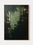 Hand-painted dark green abstract wall art in forest green, black and ochre by Akari Kobayashi on white