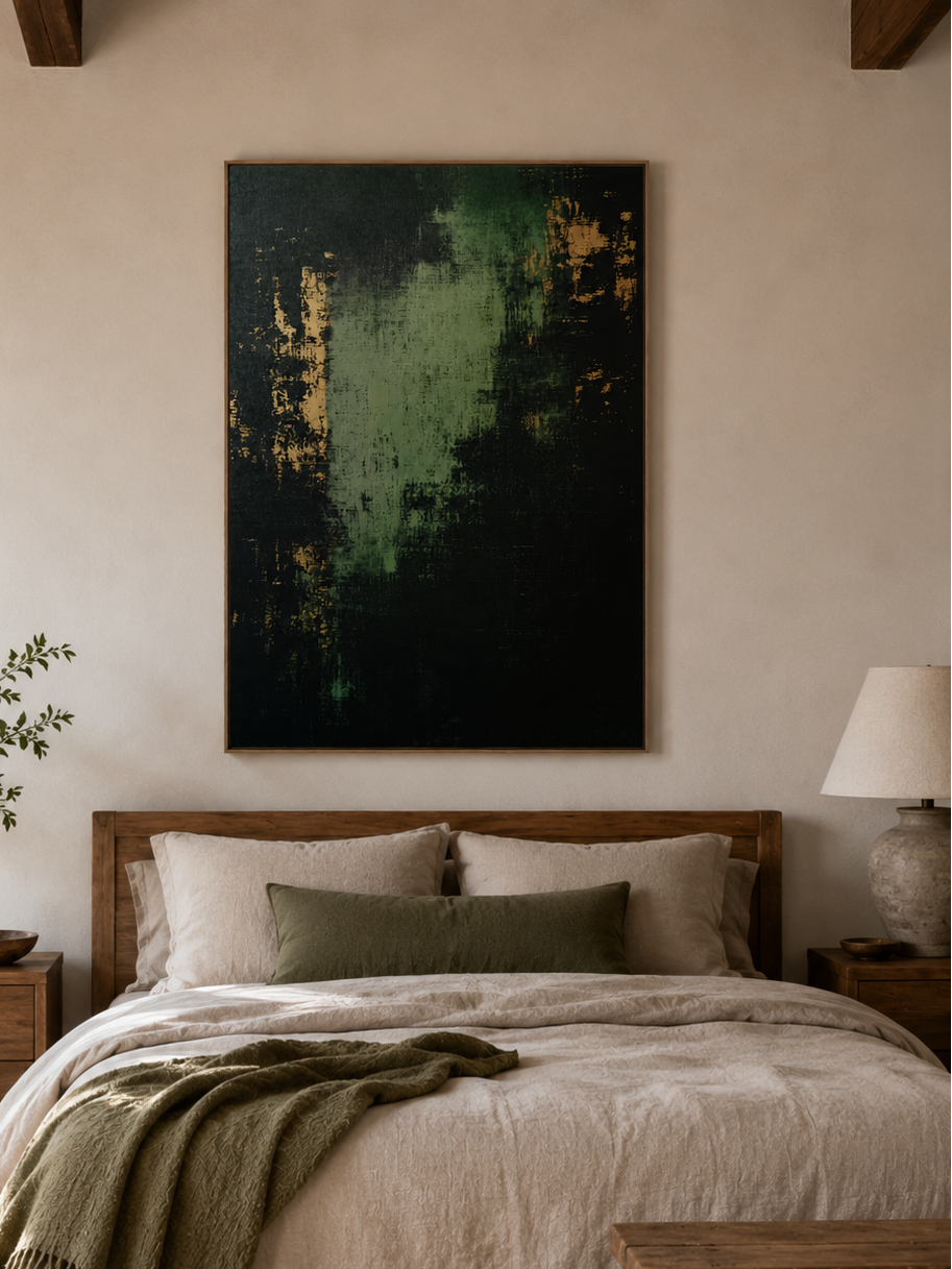 Moody forest green abstract wall art displayed above the bed in a contemporary neutral bedroom