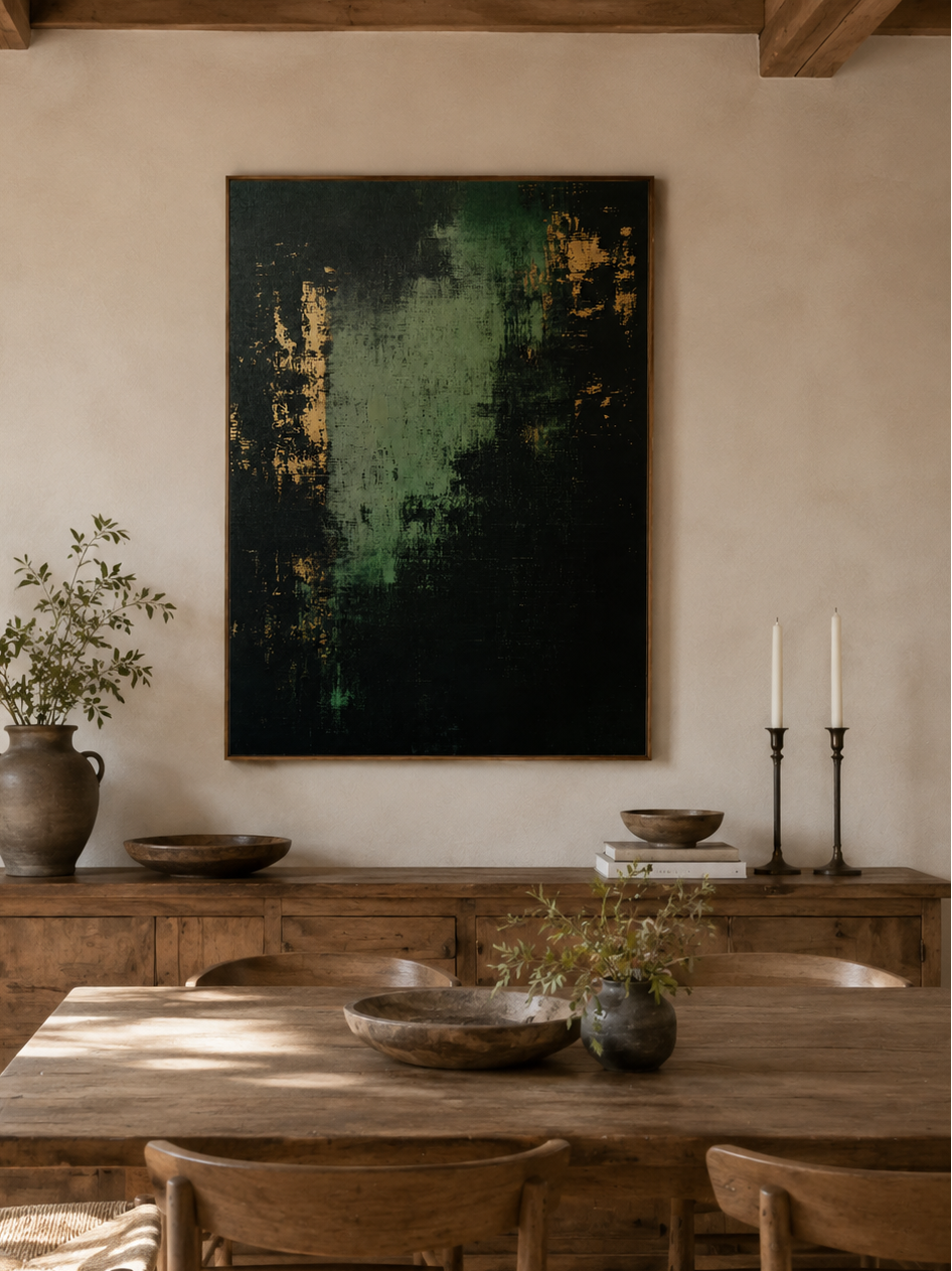 Hand-painted green and black abstract wall art displayed in a dining room with walnut furniture