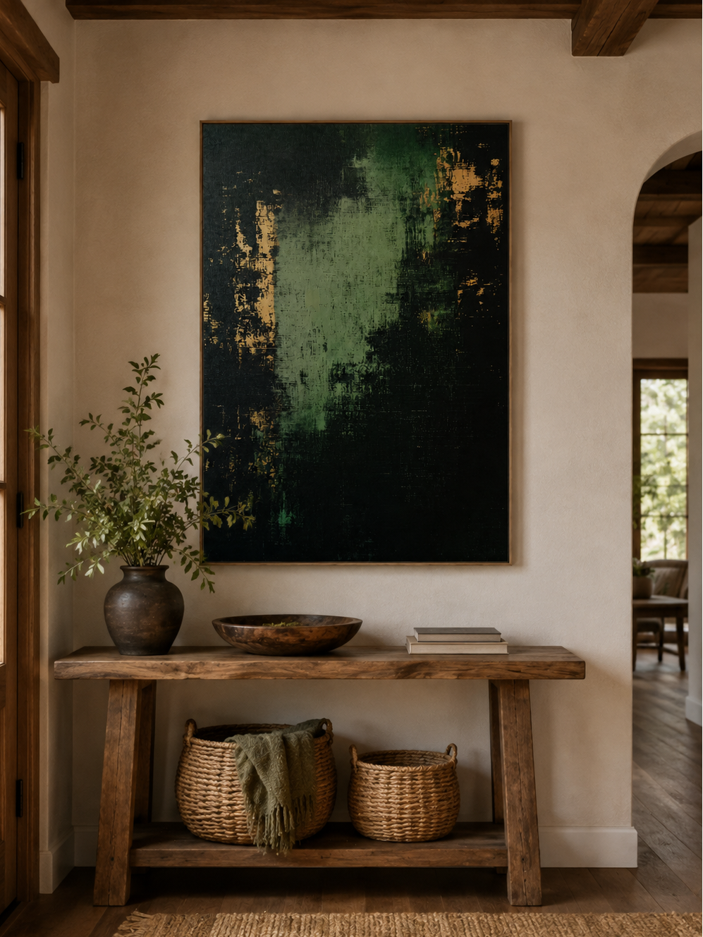 Vertical dark green abstract painting displayed above a wood console in a modern neutral entryway