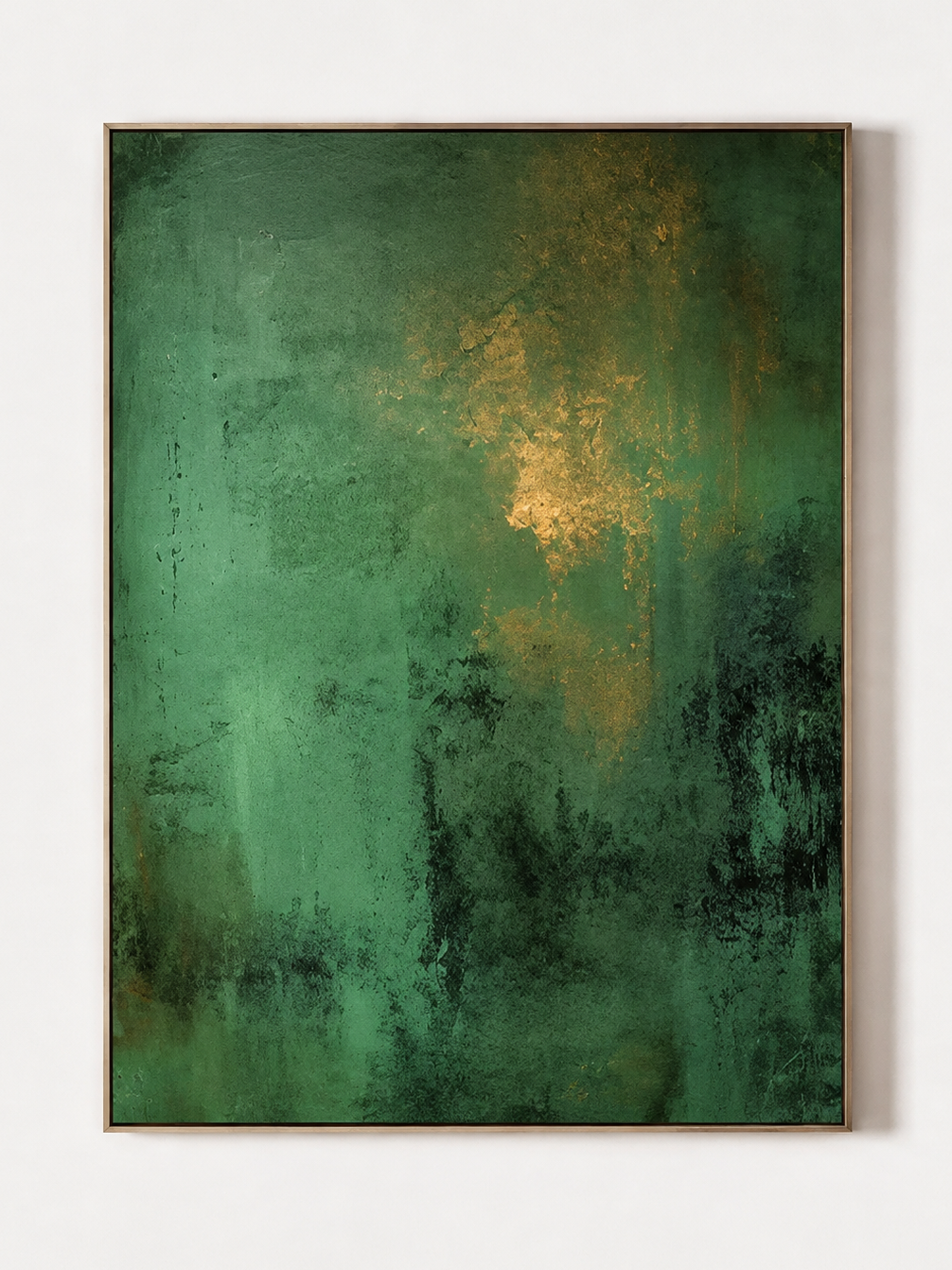 Hand-painted emerald green abstract wall art with forest green and warm gold-tone accents by Akari Kobayashi