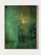 Hand-painted emerald green abstract wall art with forest green and warm gold-tone accents by Akari Kobayashi