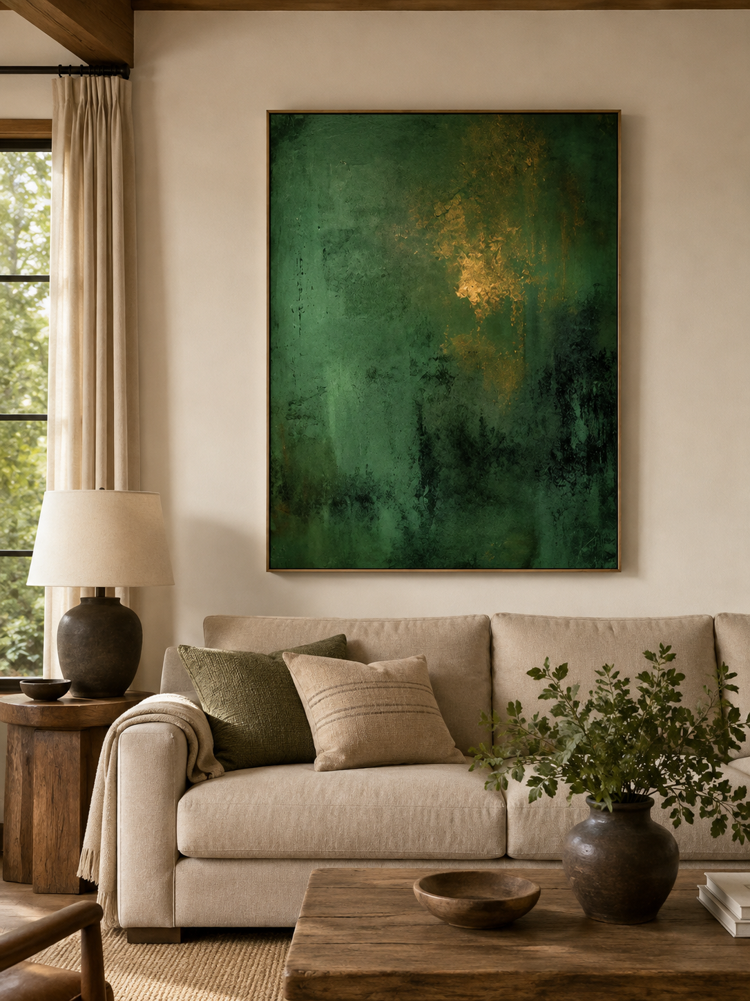 Emerald green abstract painting displayed above neutral furniture in an organic modern living room