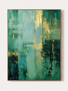 Hand-painted emerald green abstract wall art with teal and warm gold-tone accents by Akari Kobayashi