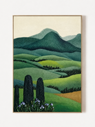 Hand-painted green rolling hills landscape wall art with cypress trees and distant mountains by Maya Lin