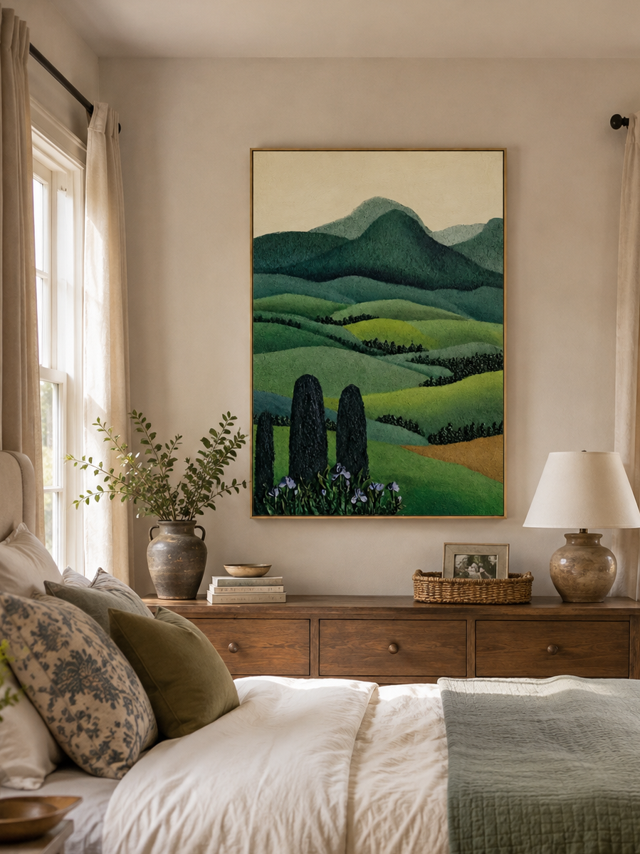 Peaceful green countryside wall art displayed above the bed in a calm nature-inspired bedroom