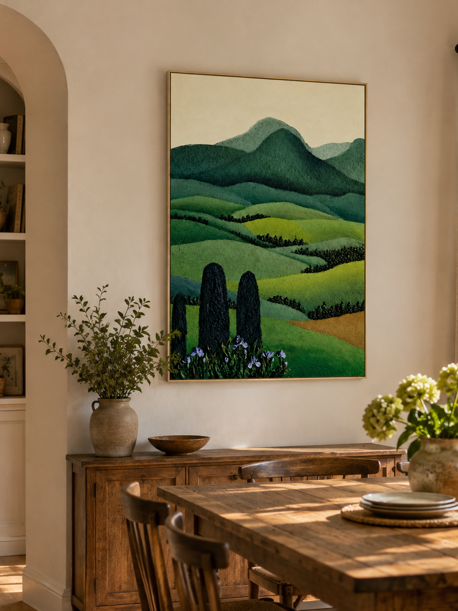 Hand-painted green landscape wall art displayed in a dining room with natural wood furniture