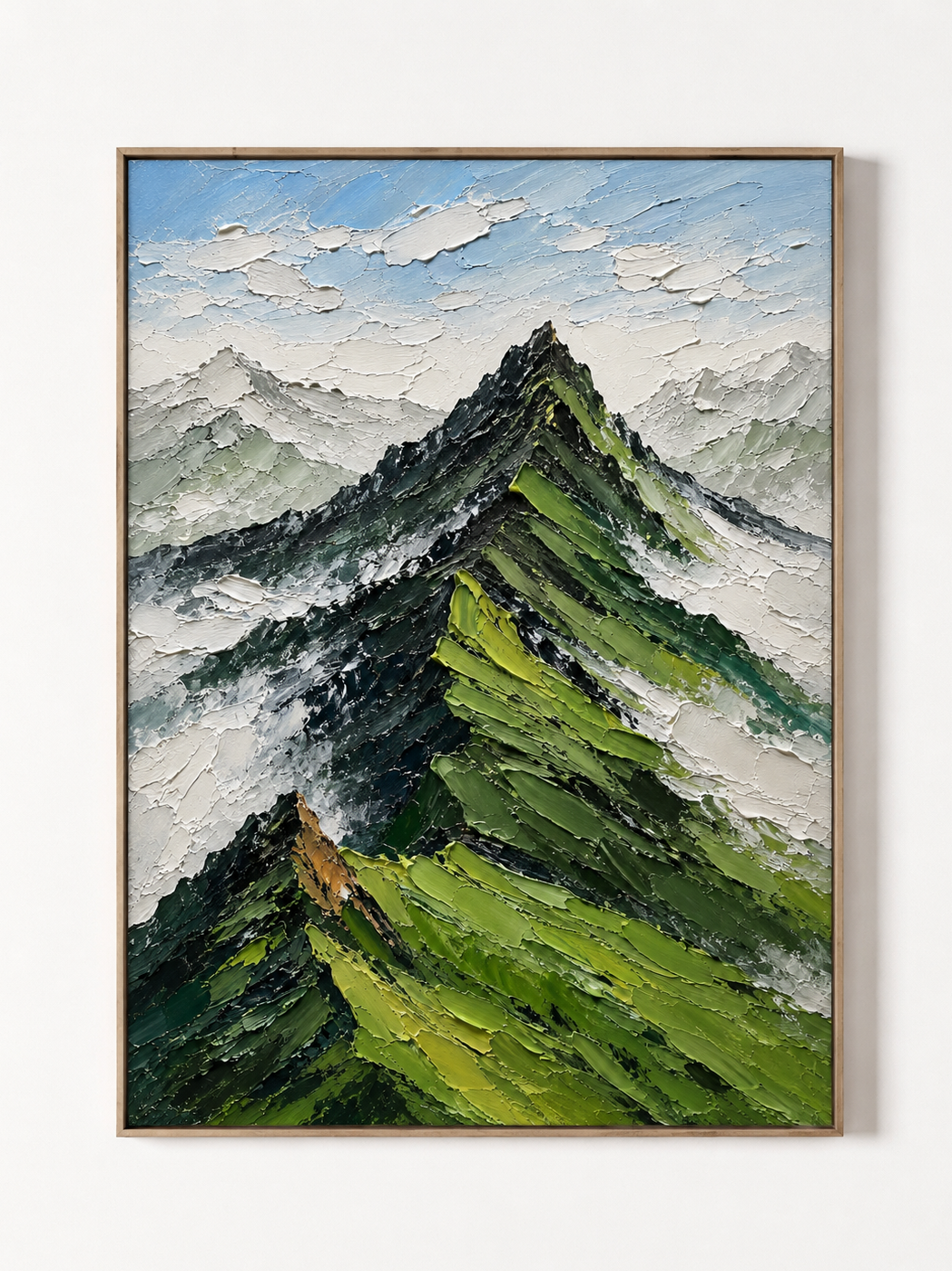 Hand-painted green textured mountain wall art with impasto peaks, snowy ridges and blue sky by Evelyn Li