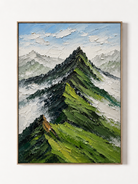 Hand-painted green textured mountain wall art with impasto peaks, snowy ridges and blue sky by Evelyn Li