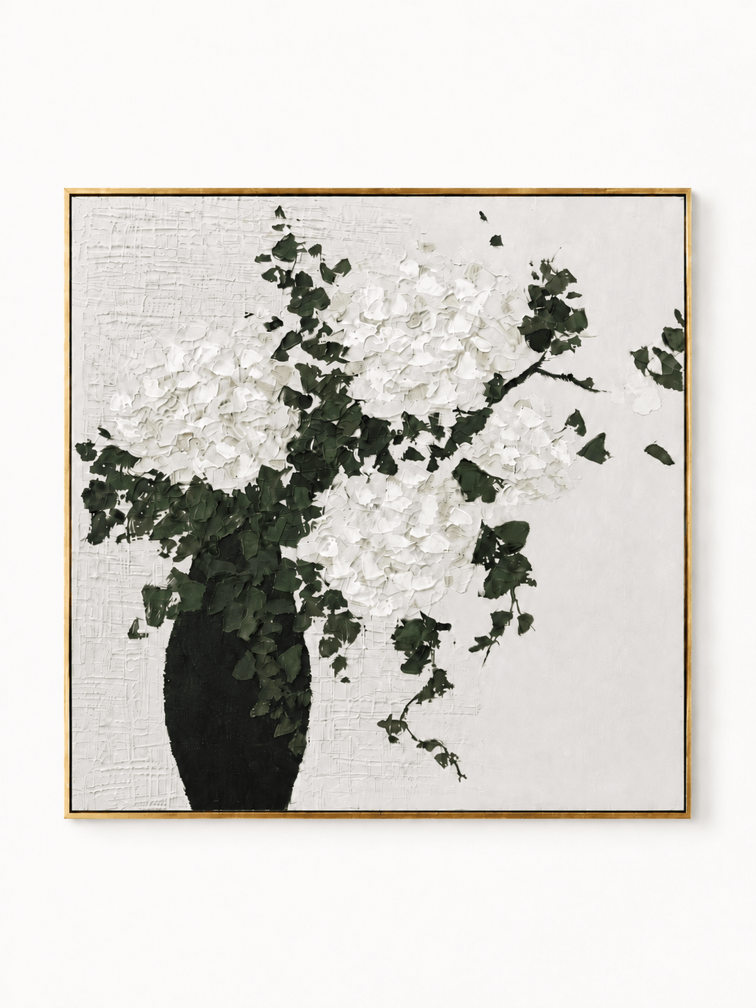 Hand-painted white hydrangea wall art with textured blooms, dark green leaves and black vase by Maya Lin
