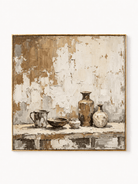 Hand-painted neutral pottery still life wall art with beige ceramic vessels and textured ivory background by Eliot Vermeer