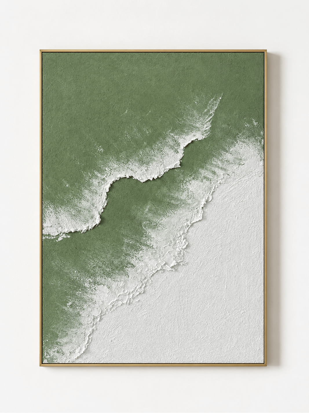 Hand-painted sage green ocean wave wall art with textured white foam and shoreline by Leo Liang