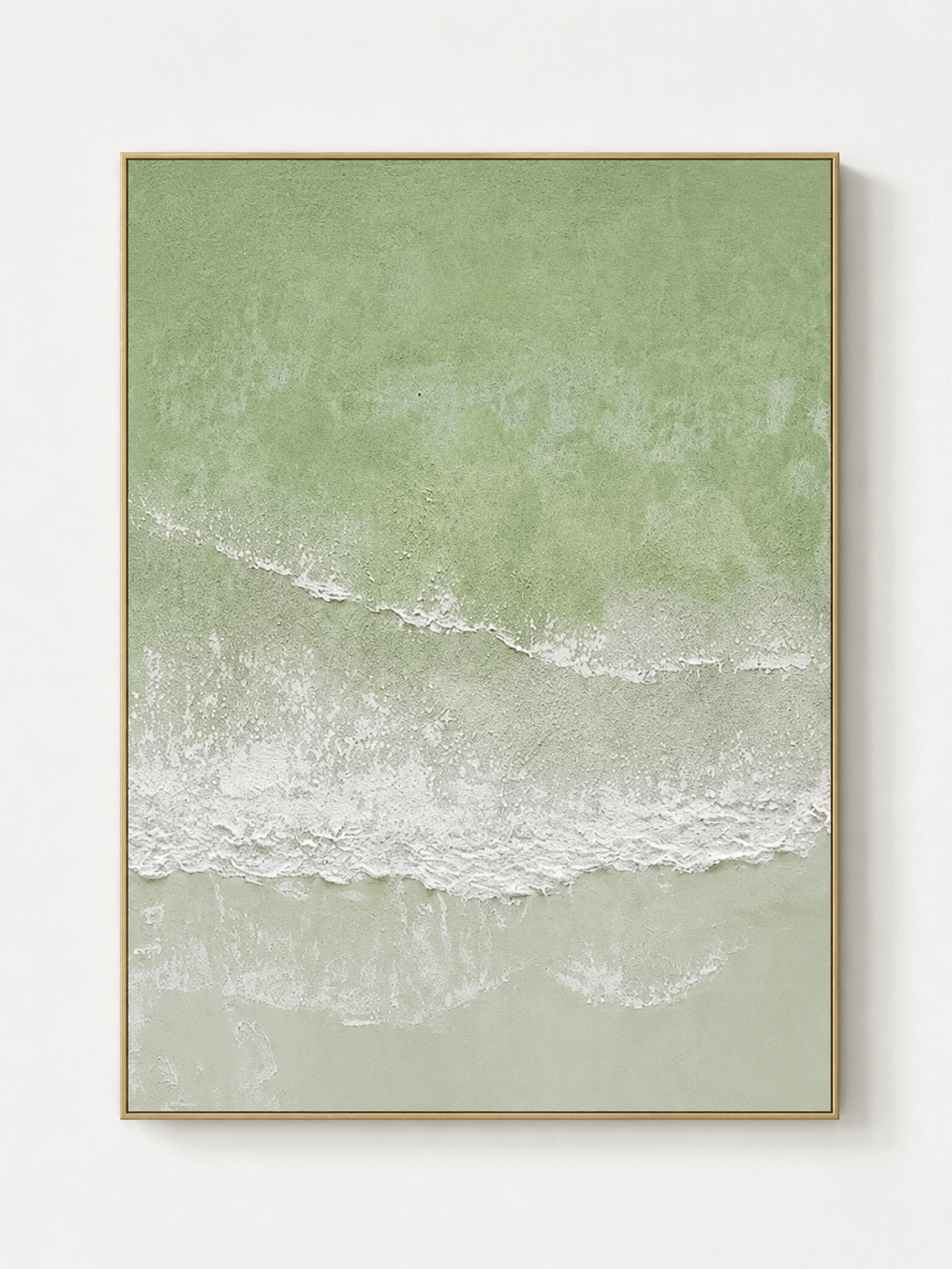 Hand-painted sage green coastal wall art with textured white sea foam and soft shoreline by Leo Liang