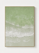 Hand-painted sage green coastal wall art with textured white sea foam and soft shoreline by Leo Liang