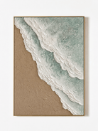 Hand-painted sage green beach wall art with beige sand and textured white ocean waves by Leo Liang