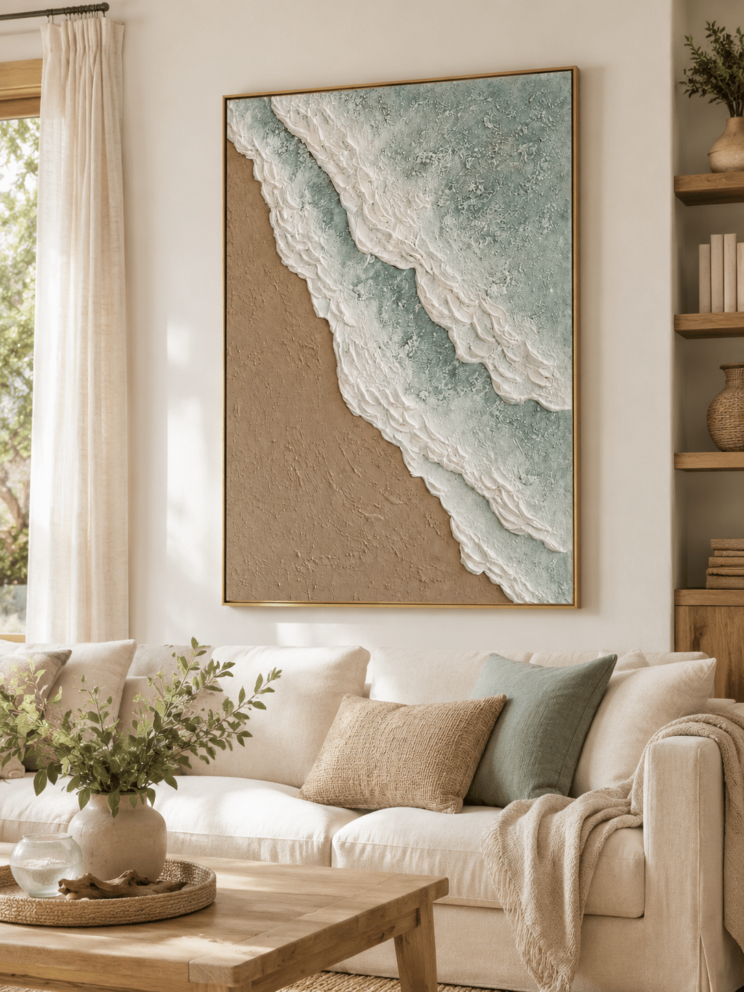 Sage green and beige ocean wave painting displayed above a neutral sofa in an organic modern living room