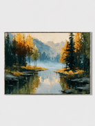 Hand-painted autumn mountain lake wall art with golden trees, evergreen forest and blue-gray mountains by Evelyn Li