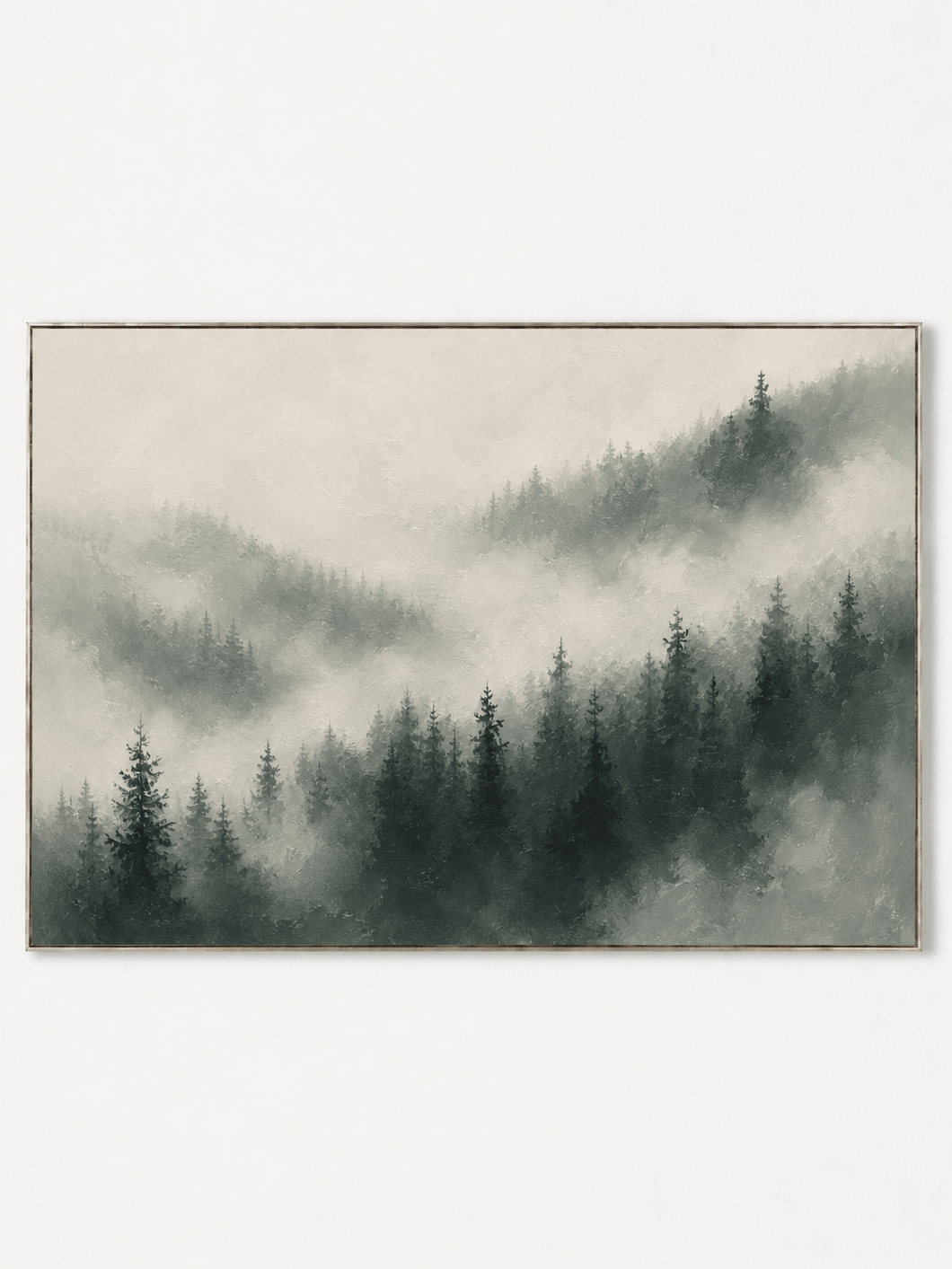 Hand-painted misty pine forest wall art with foggy evergreen mountains in gray-green tones by Evelyn Li