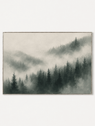 Hand-painted misty pine forest wall art with foggy evergreen mountains in gray-green tones by Evelyn Li