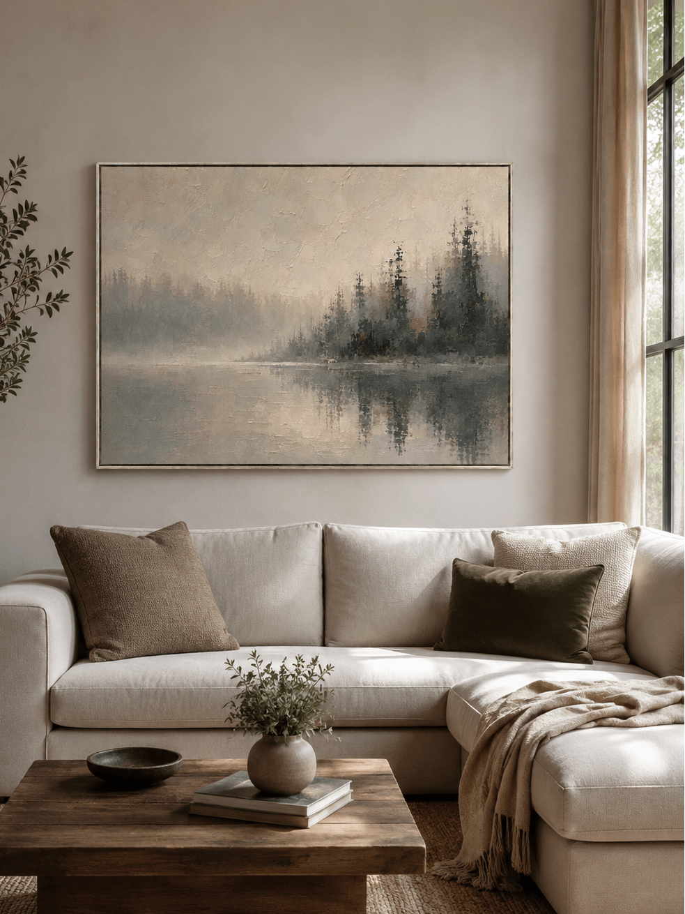 Neutral misty lake landscape painting displayed above a beige sofa in an organic modern living room