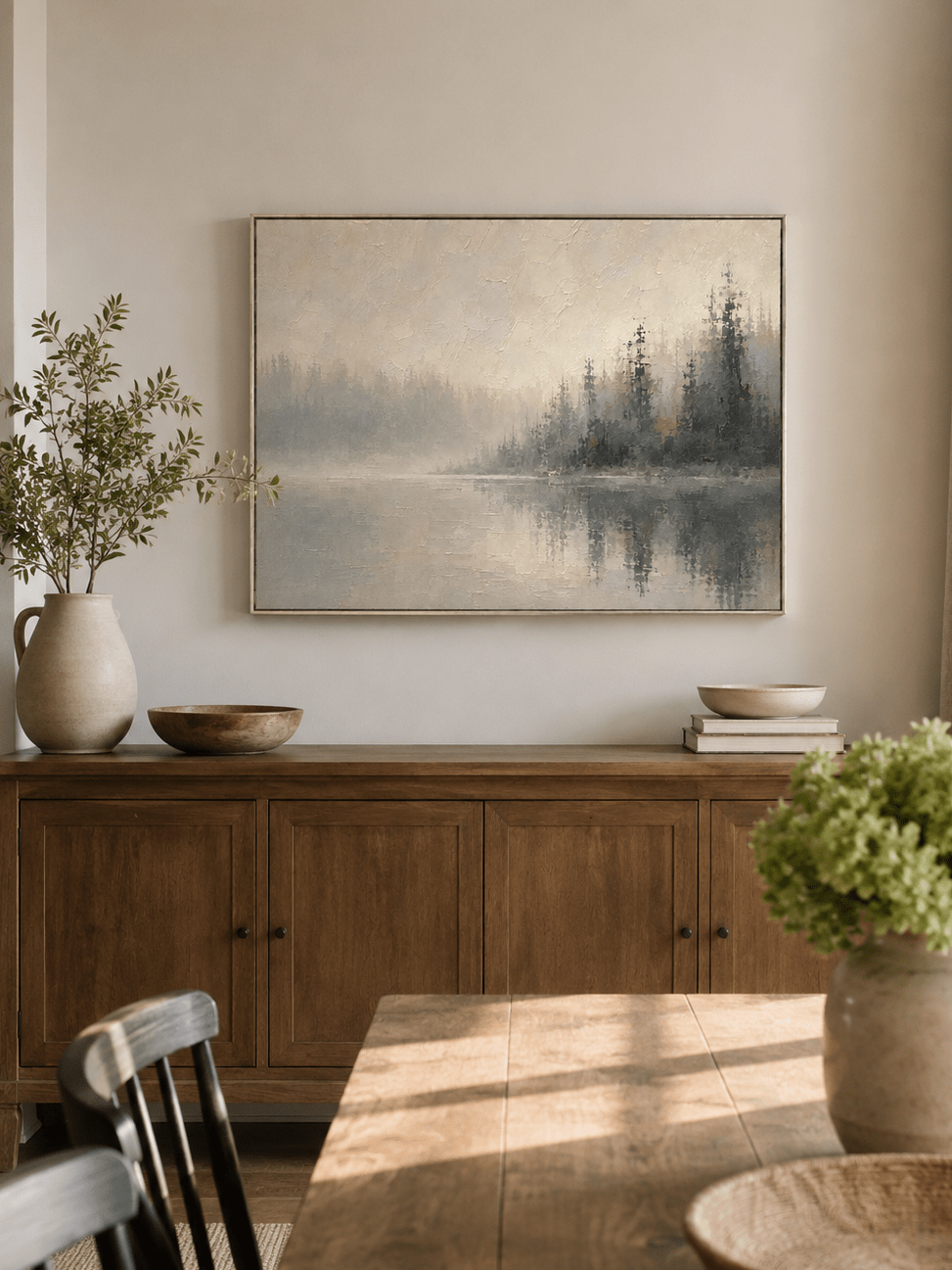 Hand-painted neutral lake landscape displayed in a dining room with natural wood furniture
