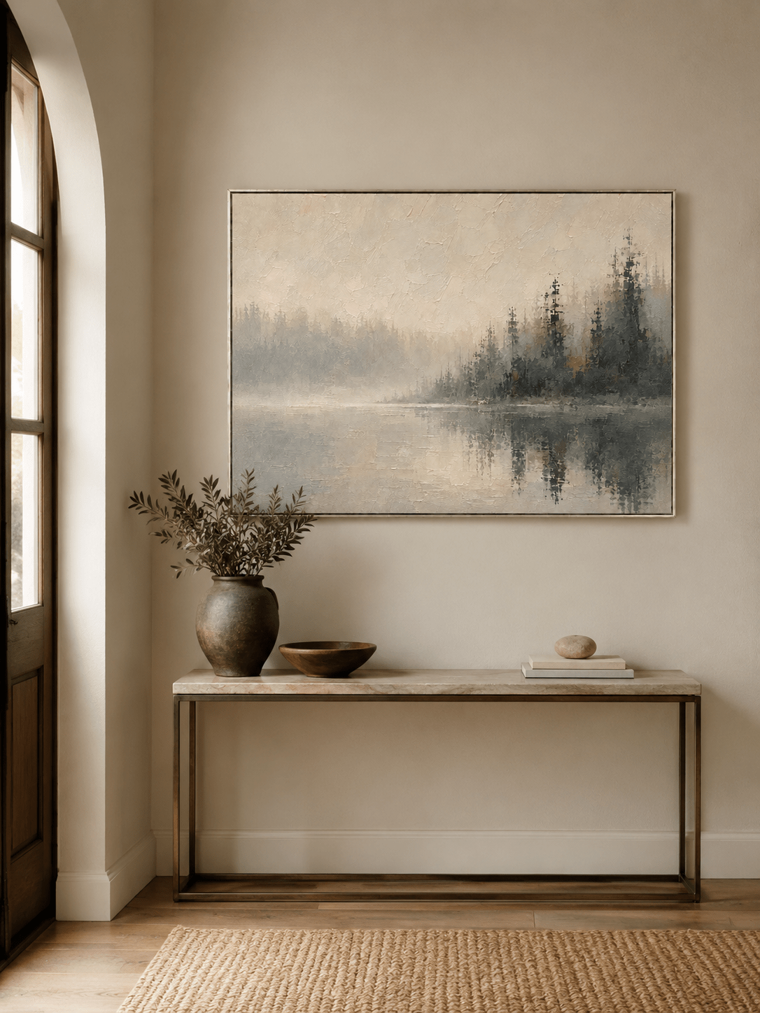 Horizontal misty lake painting displayed above a long wood console in a warm modern entryway