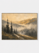 Hand-painted misty mountain wall art with foggy pine forest and warm golden neutral tones by Evelyn Li