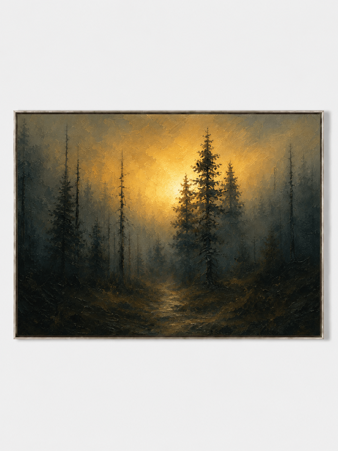 Hand-painted moody forest wall art with golden light, dark pine trees and textured woodland path by Evelyn Li