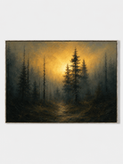 Hand-painted moody forest wall art with golden light, dark pine trees and textured woodland path by Evelyn Li