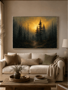 Moody golden forest painting displayed above a neutral sofa in a warm modern living room