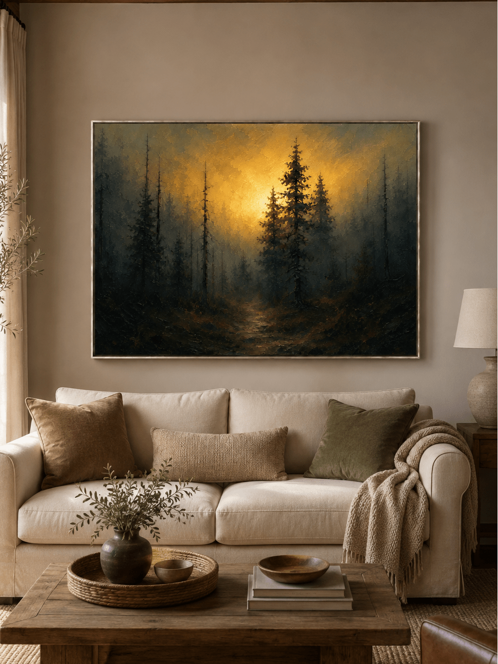 Moody golden forest painting displayed above a neutral sofa in a warm modern living room