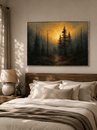 Dark pine forest wall art with golden light displayed above the bed in a warm moody bedroom