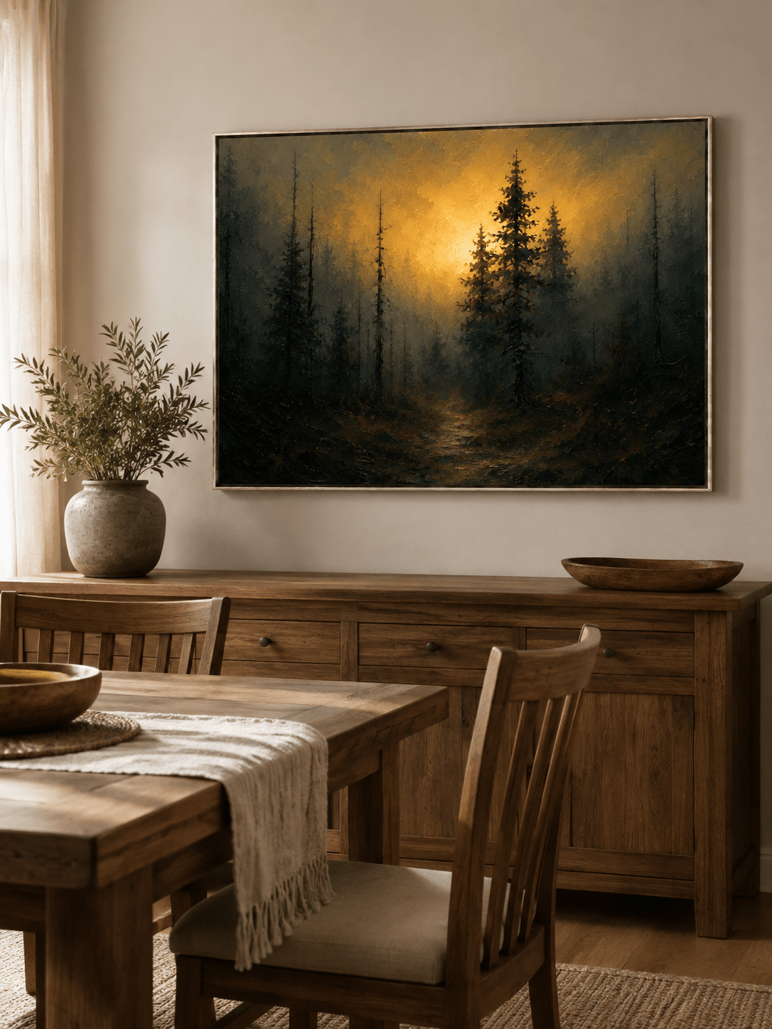 Hand-painted golden forest landscape displayed in a dining room with dark wood furniture